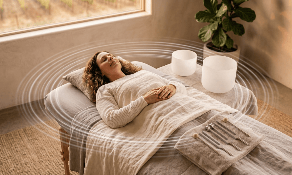 Vibrational Healing in Temecula, CA: Grounded Sound and Energy Work With Tina Foran 3 Woman lying peacefully during a vibrational healing session with sound bowls, tuning forks, and soft energy waves in a calming wellness room.