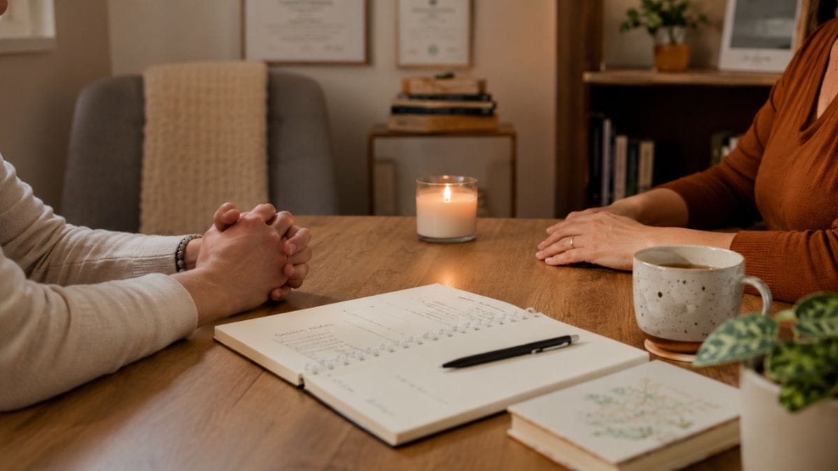 Grounded spiritual coaching session with journal and candle