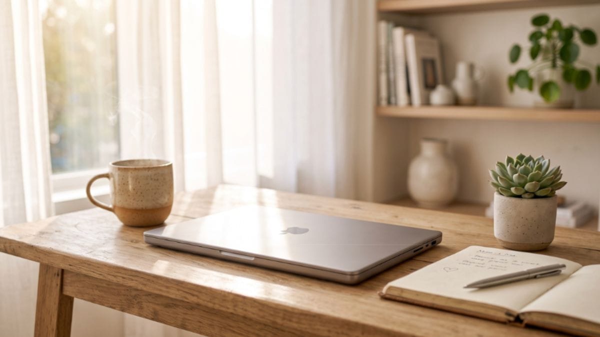 Modern, comfortable desk setup for virtual online grief support appointments.