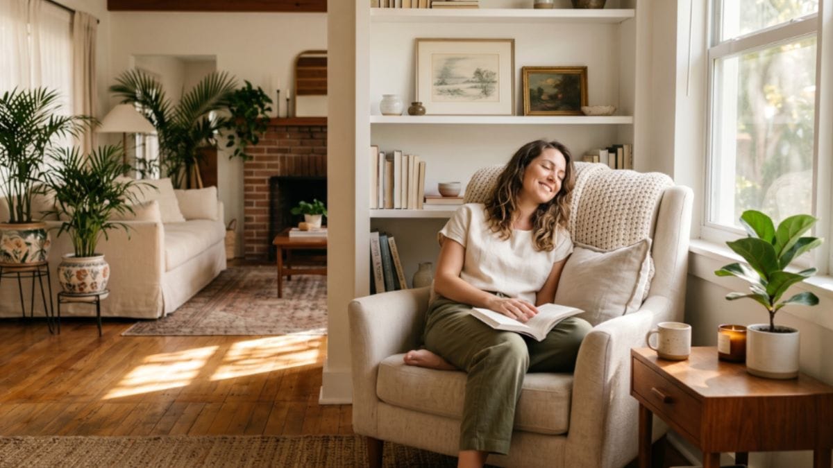 A homeowner experiencing peace of mind and relaxation in her spiritually cleansed home in Temecula, CA.
