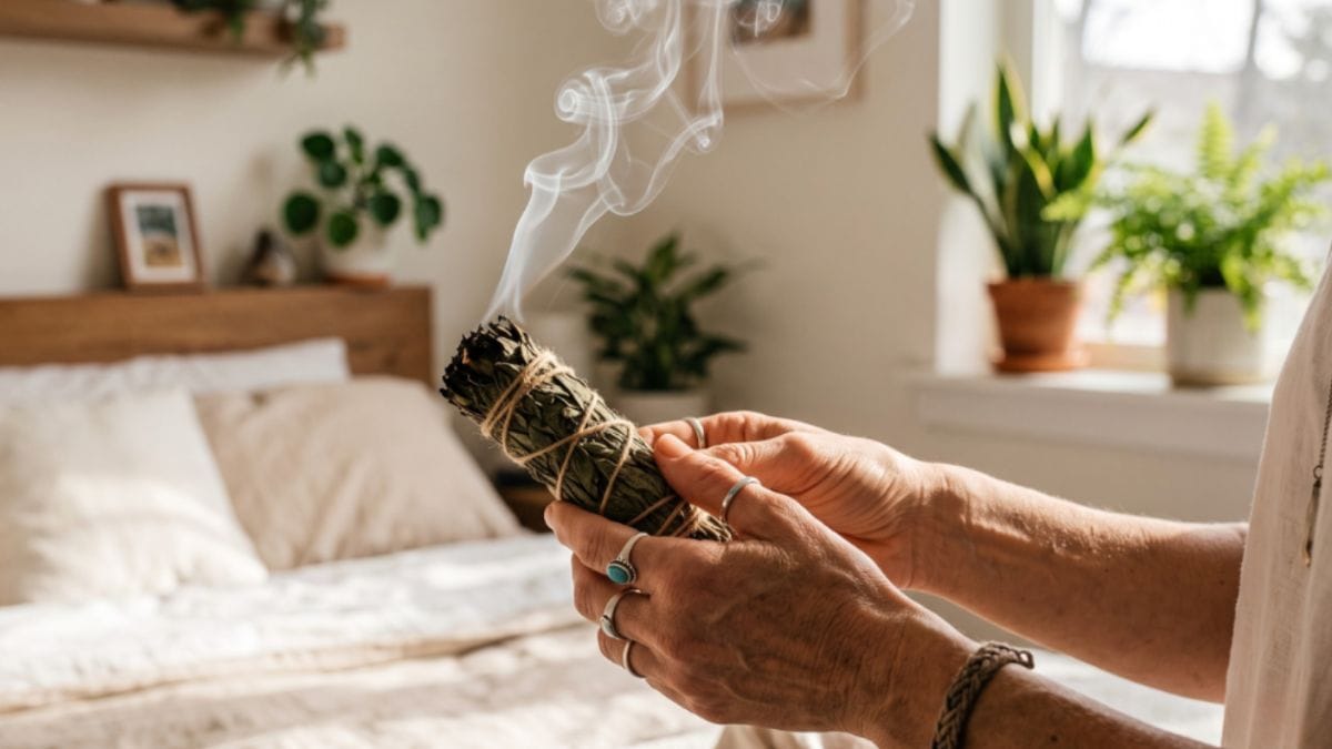 Professional energy practitioner performing a sage cleansing ritual in a modern Florida home.