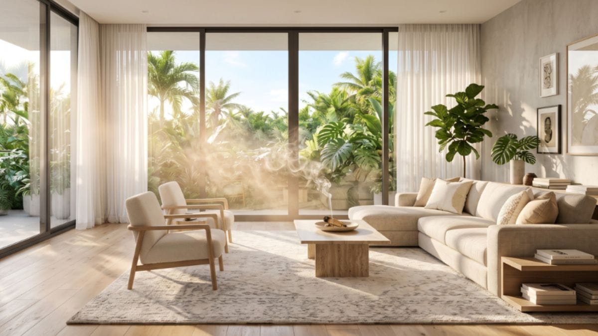 Sunlit modern Temecula living room undergoing an energetic house cleansing session with soft natural light streaming in.