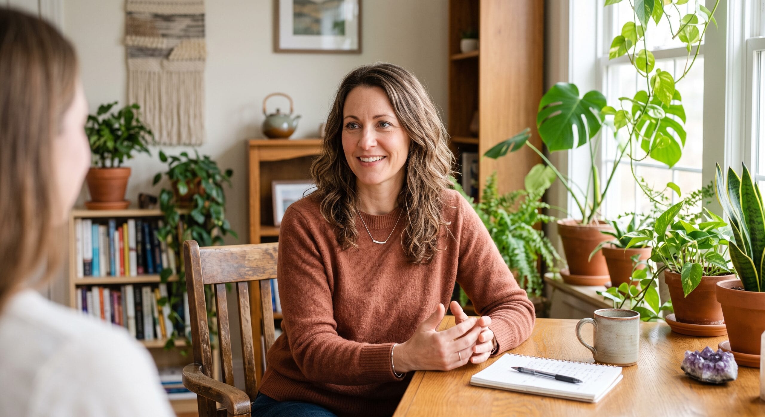 Intuitive Consulting vs Life Coaching 1 Tina Foran sitting in a bright, tranquil office space providing intuitive consulting and life coaching support.