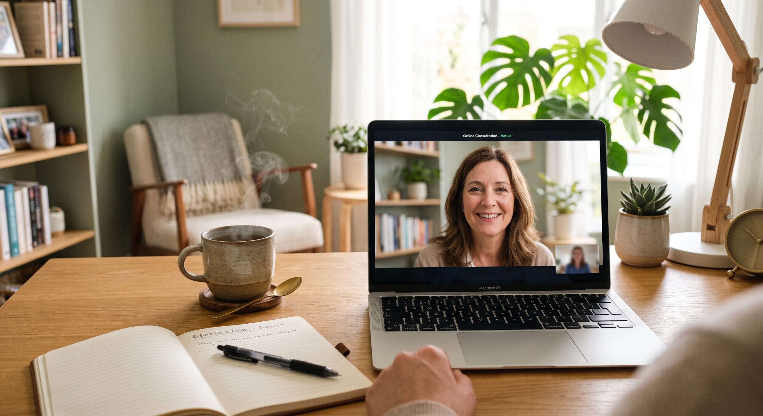 Intuitive Consulting vs Life Coaching 2 A laptop displaying a virtual session setup for remote intuitive consulting and life coaching appointments.
