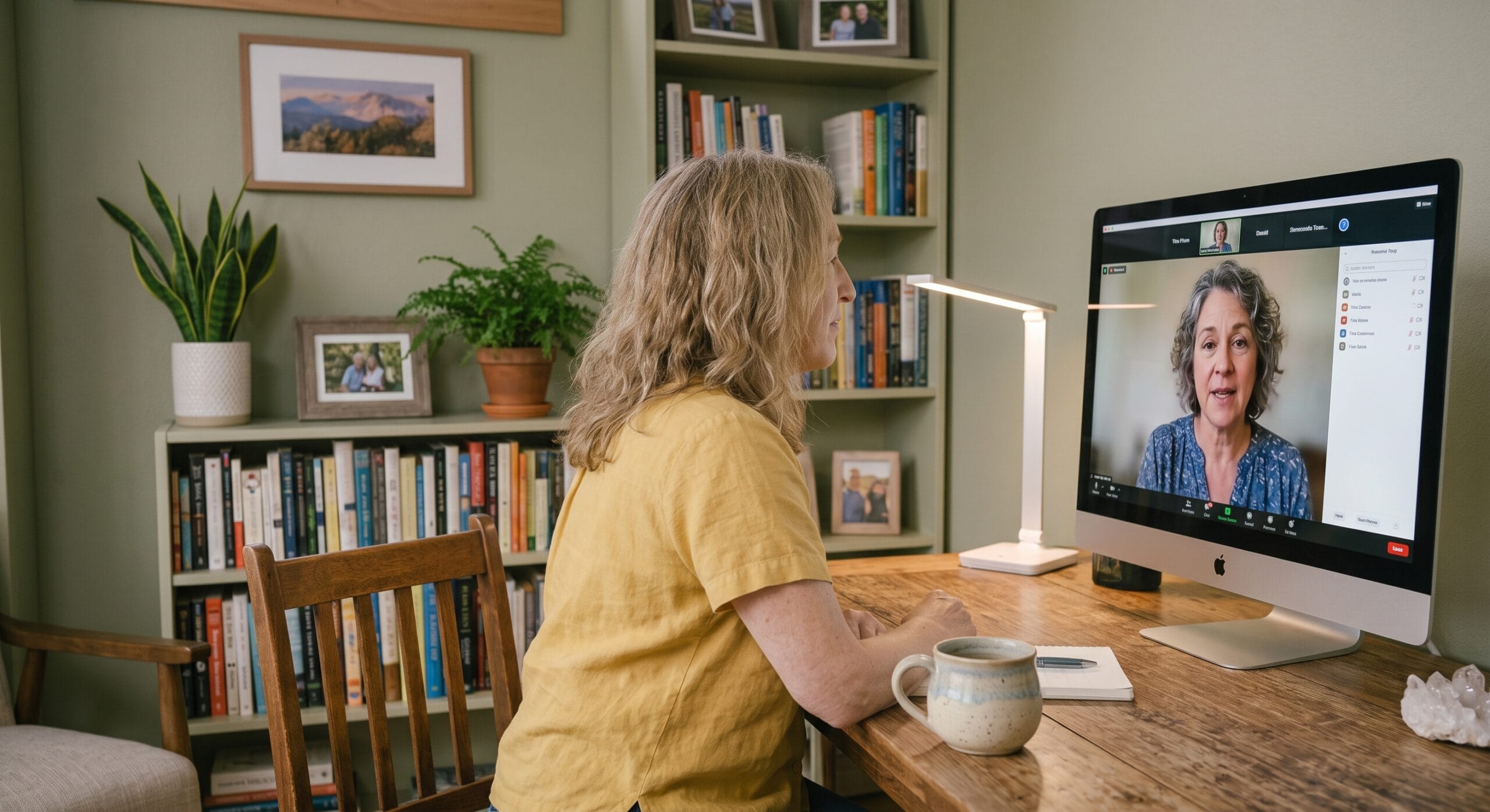 Tina Foran of Infinite Wisdom Consulting conducting a clear, engaged online psychic reading via a video conferencing screen.