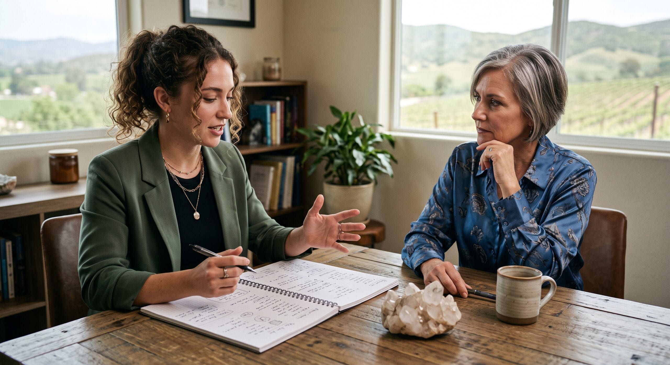 Tina Foran and a client engage in a metaphysical business brainstorming session, using intuitive insight to navigate career decisions and business strategy in Temecula.