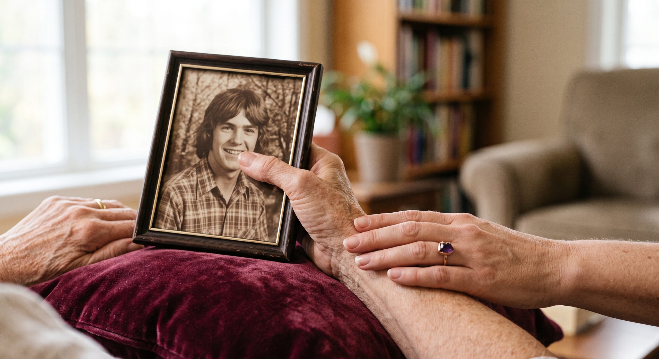A close-up of a client holding a vintage photograph during a mediumship session at Infinite Wisdom Consulting in Temecula, with Tina Foran providing supportive connection for healing grief.