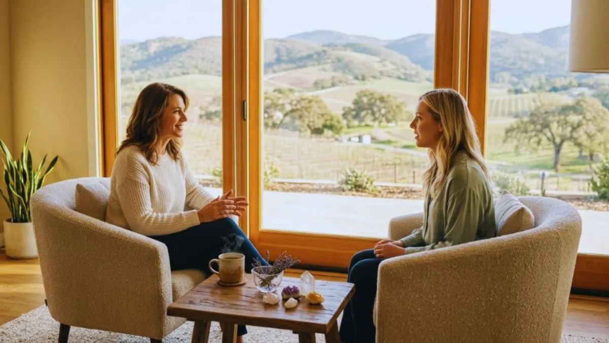 Warm and peaceful guidance room in Temecula bathed in natural sunlight, featuring cozy chairs and gentle hills in the background.
